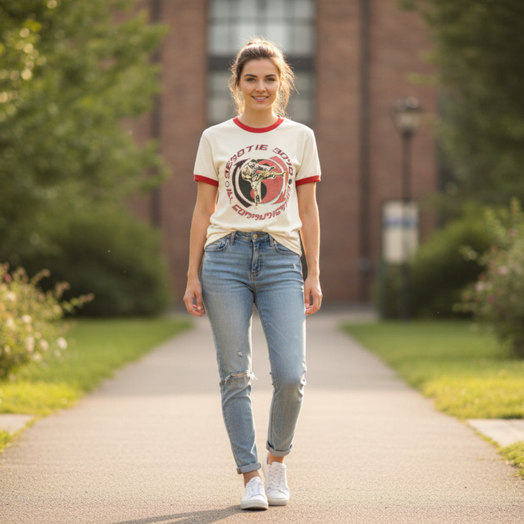 woman wearing beastie boys ringer tee BBS507-211S, BBS507-211M, BBS507-211L, BBS507-211XL, BBS507-211XXL
