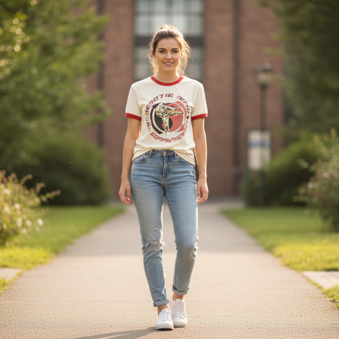 woman wearing beastie boys ringer tee BBS507-211S, BBS507-211M, BBS507-211L, BBS507-211XL, BBS507-211XXL