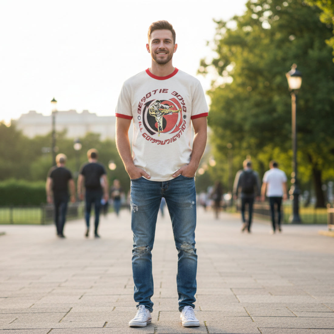 man wearing beastie boys ringer tee BBS507-211S, BBS507-211M, BBS507-211L, BBS507-211XL, BBS507-211XXL