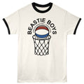 White t-shirt with black ringer sleeves featuring a basketball graphic and 'Beastie Boys' text on a white background.