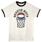 White t-shirt with black ringer sleeves featuring a basketball graphic and 'Beastie Boys' text on a white background.