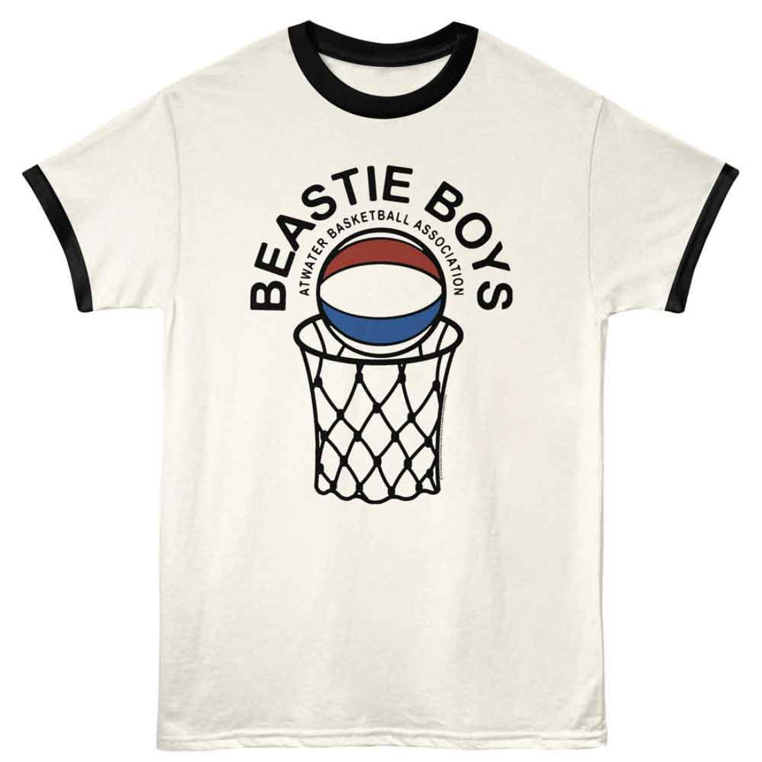 White t-shirt with black ringer sleeves featuring a basketball graphic and 'Beastie Boys' text on a white background.
