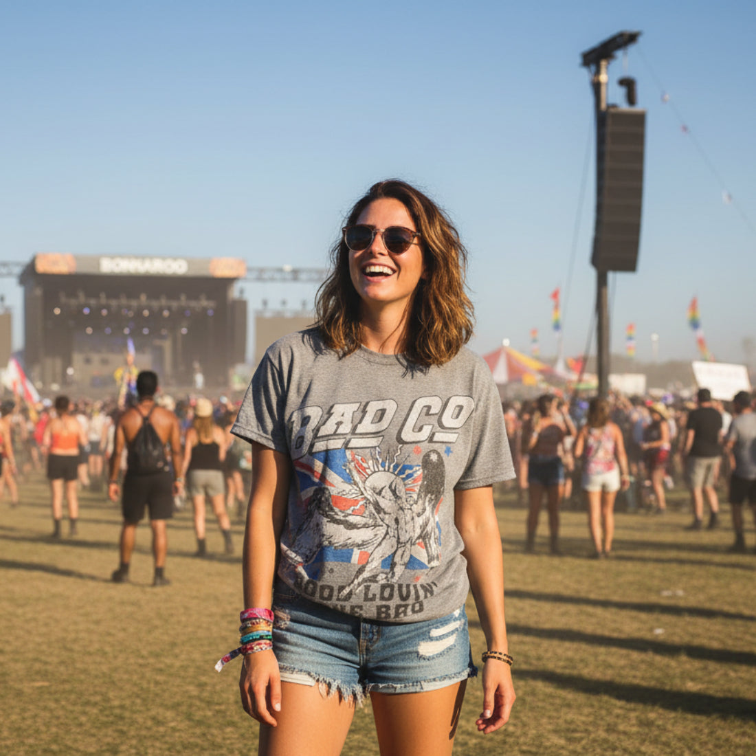 woman wearing bad company tee BCO522S, BCO522M, BCO522L, BCO522XL, BCO522XXL, BCO522XXXL, BCO522XXXXL, BCO522XXXXXL