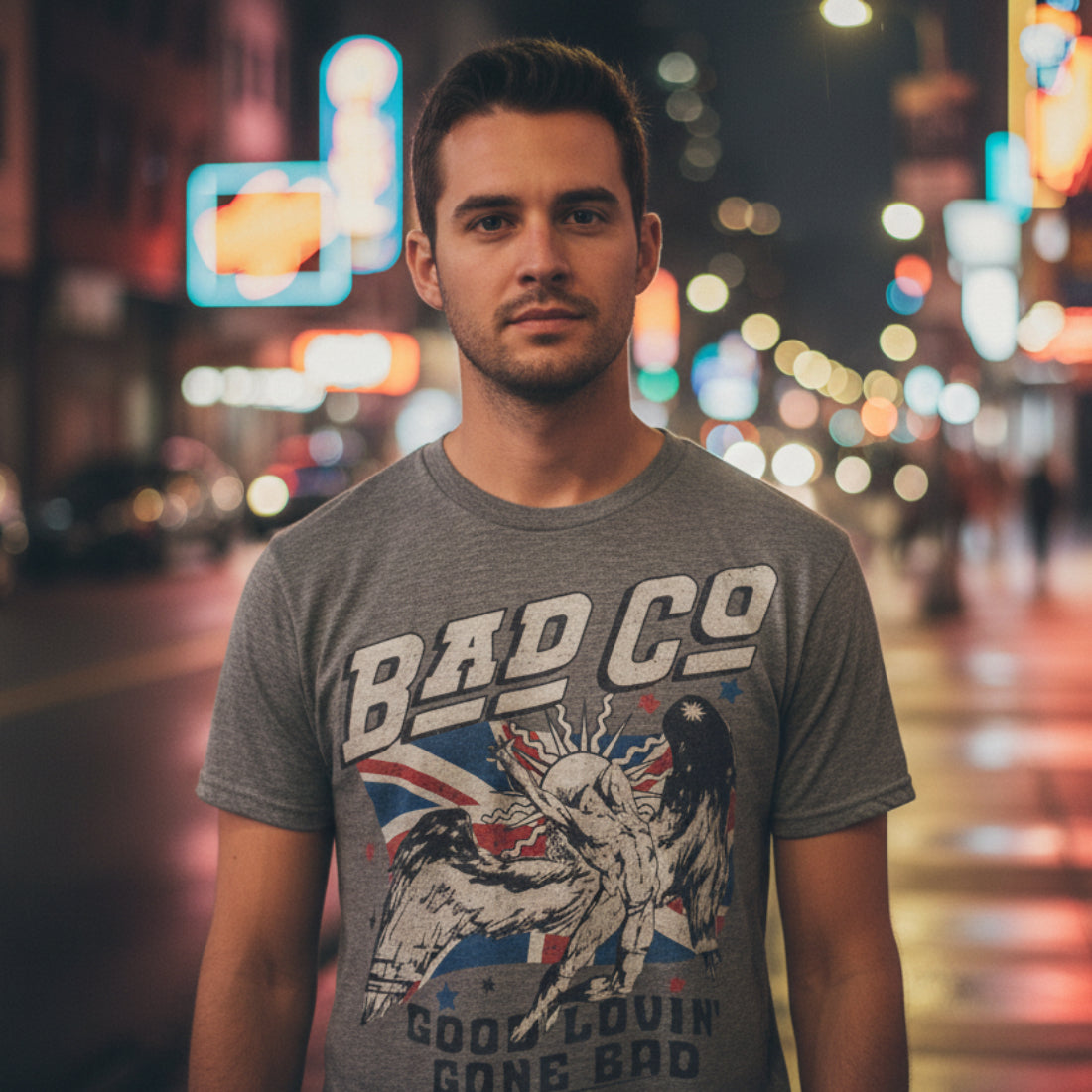 man wearing bad company tee BCO522S, BCO522M, BCO522L, BCO522XL, BCO522XXL, BCO522XXXL, BCO522XXXXL, BCO522XXXXXL