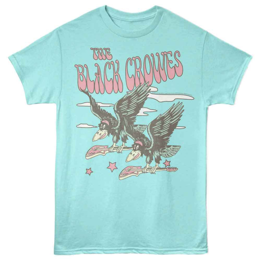 Light blue t-shirt with 'The Black Crowes' band logo featuring crows and guitars on a white background.