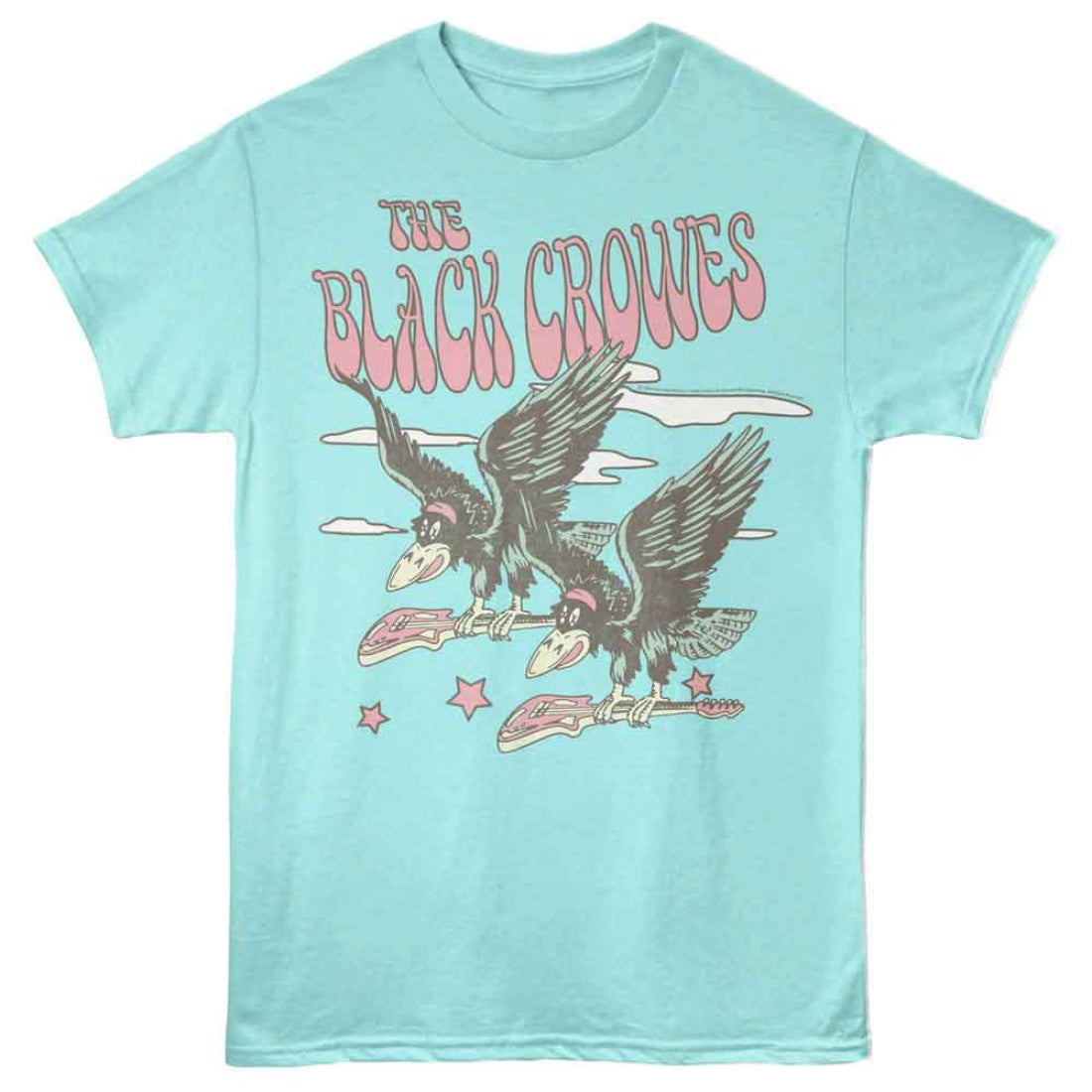 Light blue t-shirt with 'The Black Crowes' band logo featuring crows and guitars on a white background.