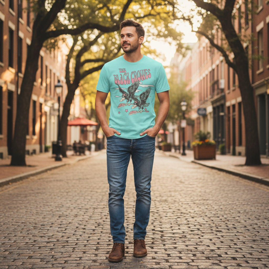 MAN WEARING Light blue t-shirt with 'The Black Crowes' graphic design  BCR516-PBLHTS, BCR516-PBLHTM, BCR516-PBLHTL, BCR516-PBLHTXL, BCR516-PBLHTXXL