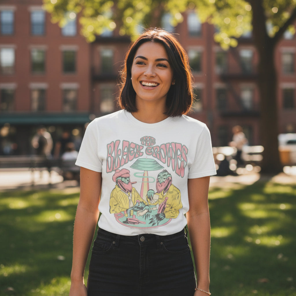 WOMAN WEARING WHITE BLACK CROWES SHIRT BCR517S, BCR517M, BCR517L, BCR517XL, BCR517XXL, BCR517XXXL, BCR517XXXXL, BCR517XXXXXL