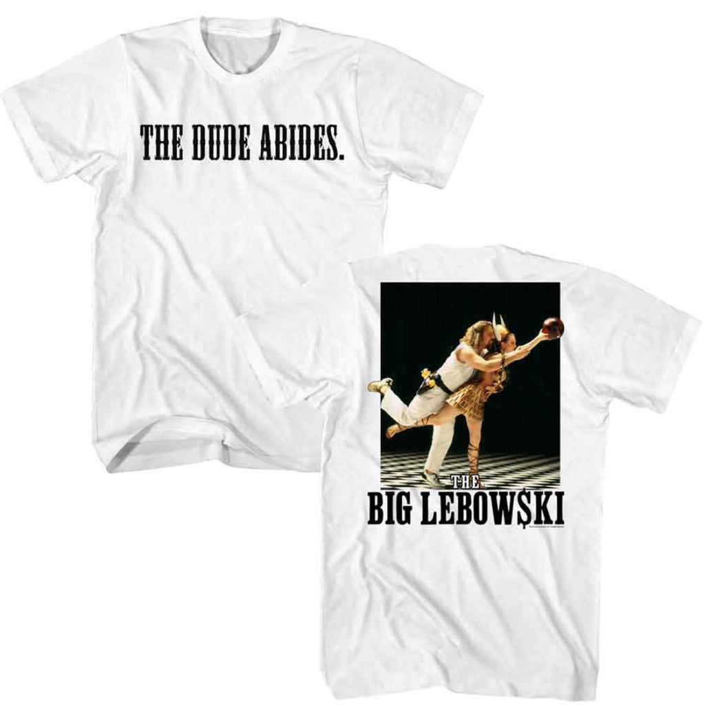 White t-shirt with 'The Dude Abides' text and 'The Big Lebowski' movie poster design.
