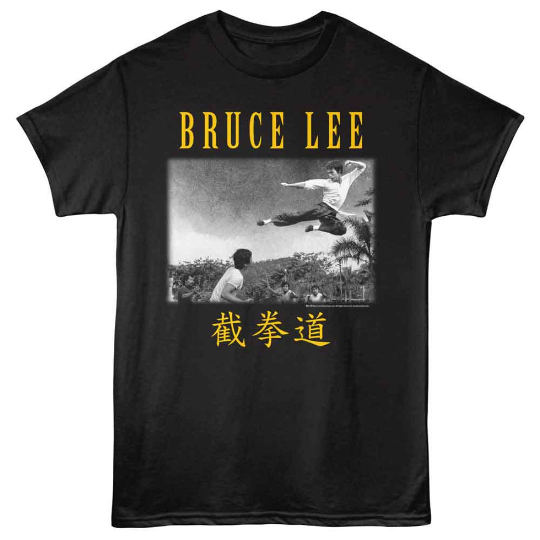 Black t-shirt with Bruce Lee graphic and text on a white background