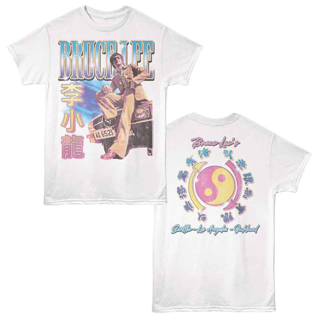 White t-shirt with Bruce Lee graphic on front and back