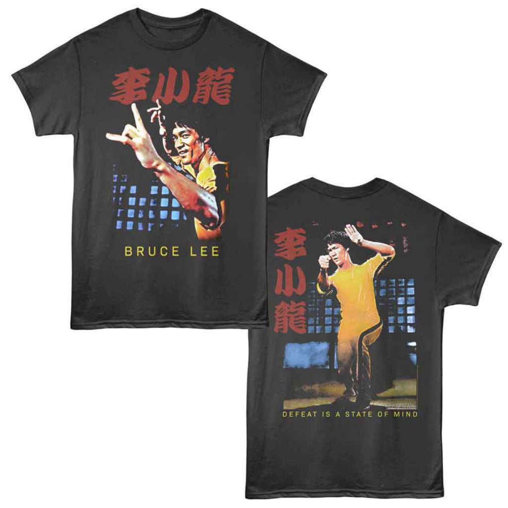 Black t-shirt with Bruce Lee graphic and text on a white background