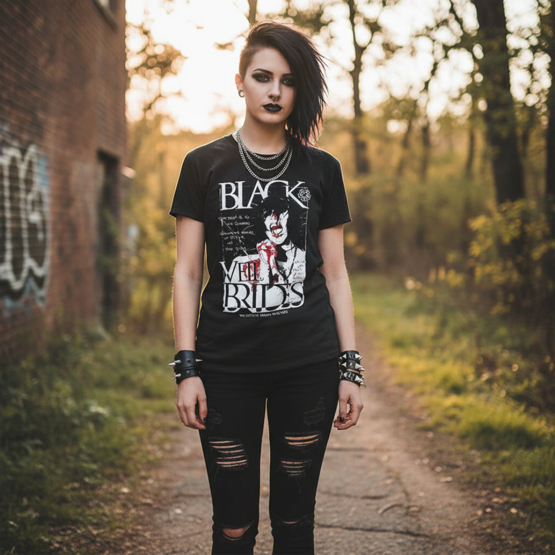 WOMAN WEARING BLACK VEIL BRIDES WE STITCH THESE WOUNDS TSHIRT, BLKV501S, BLKV501M, BLKV501L, BLKV501XL, BLKV501XXL, BLKV501XXXL, BLKV501XXXXL, BLKV501XXXXXL