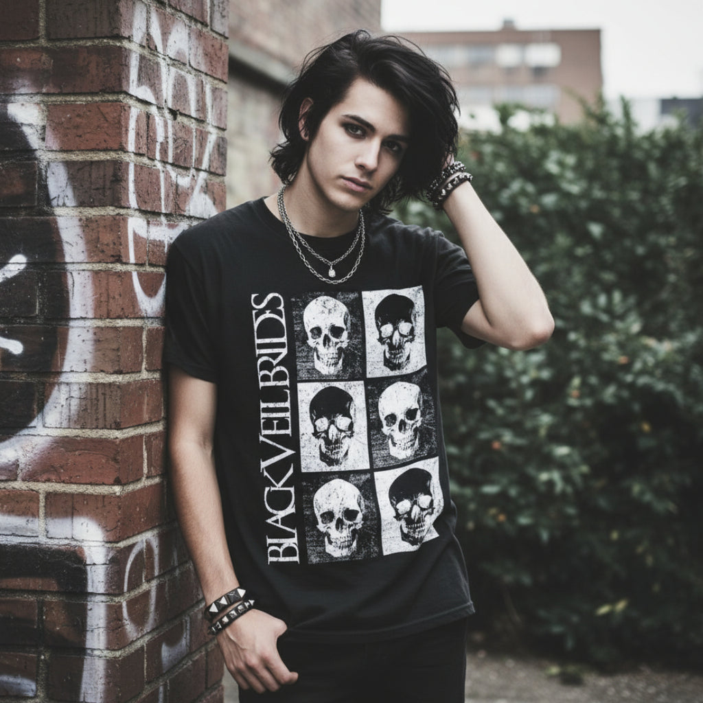 MAN WEARING Black t-shirt with skull design and 'Black Veil Brides' text BLKV502S, BLKV502M, BLKV502L, BLKV502XL, BLKV502XXL, BLKV502XXXL, BLKV502XXXXL, BLKV502XXXXXL