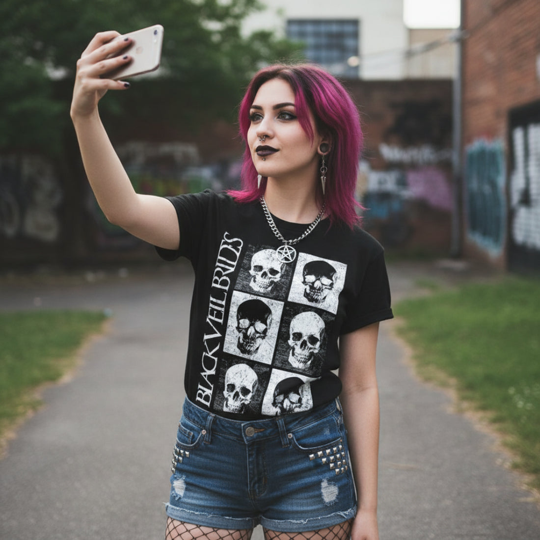 WOMAN WEARING Black t-shirt with skull design and 'Black Veil Brides' text BLKV502S, BLKV502M, BLKV502L, BLKV502XL, BLKV502XXL, BLKV502XXXL, BLKV502XXXXL, BLKV502XXXXXL