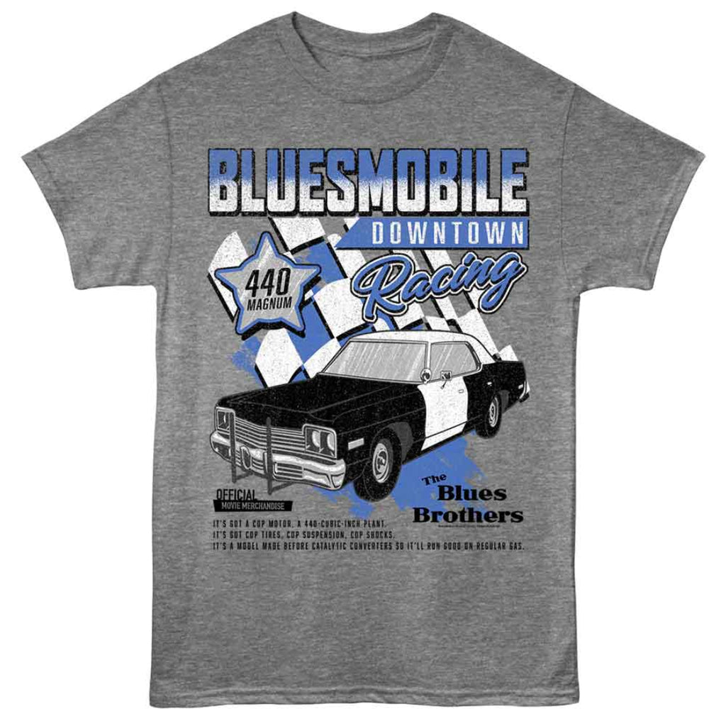 Gray Blues Brothers  t-shirt with Bluesmobile design featuring a car and text on a white background