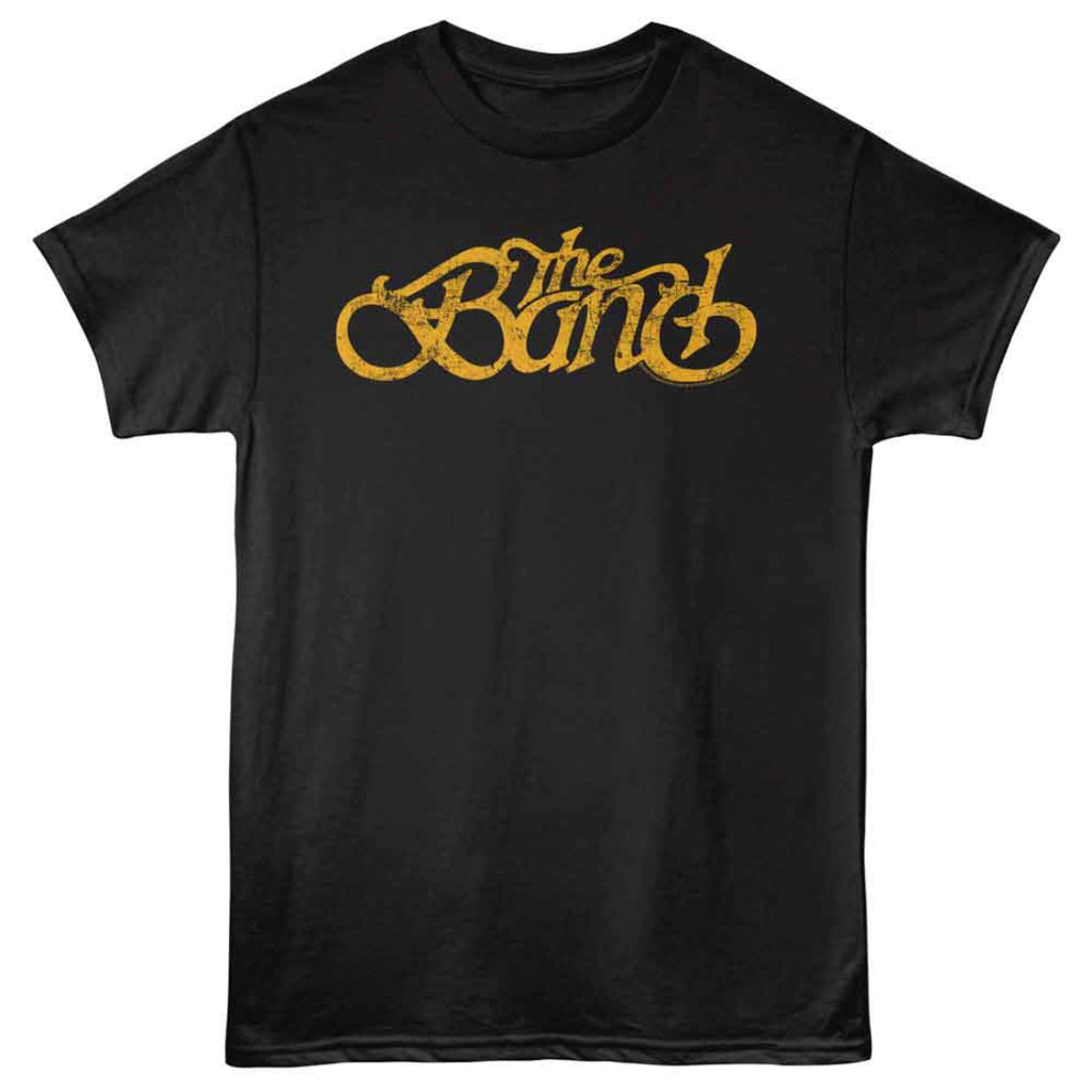 Black t-shirt with 'The Band' logo in gold on a white background