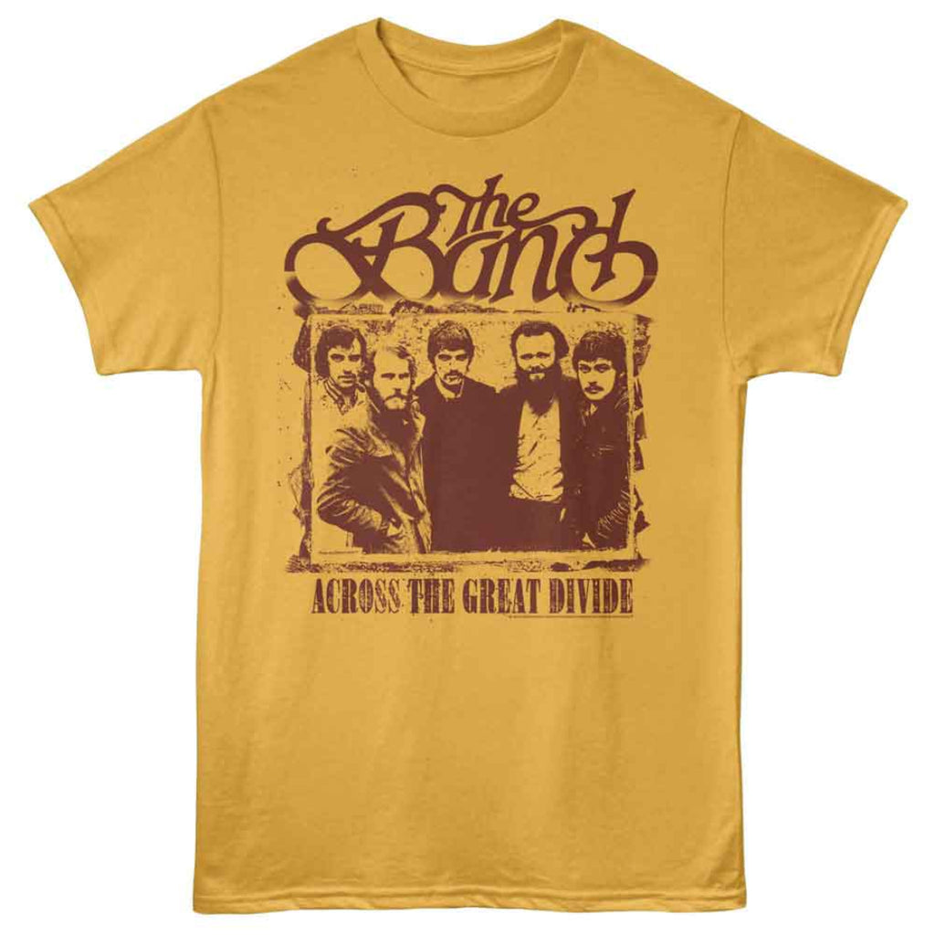 Yellow t-shirt with 'The Band' graphic design on a white background