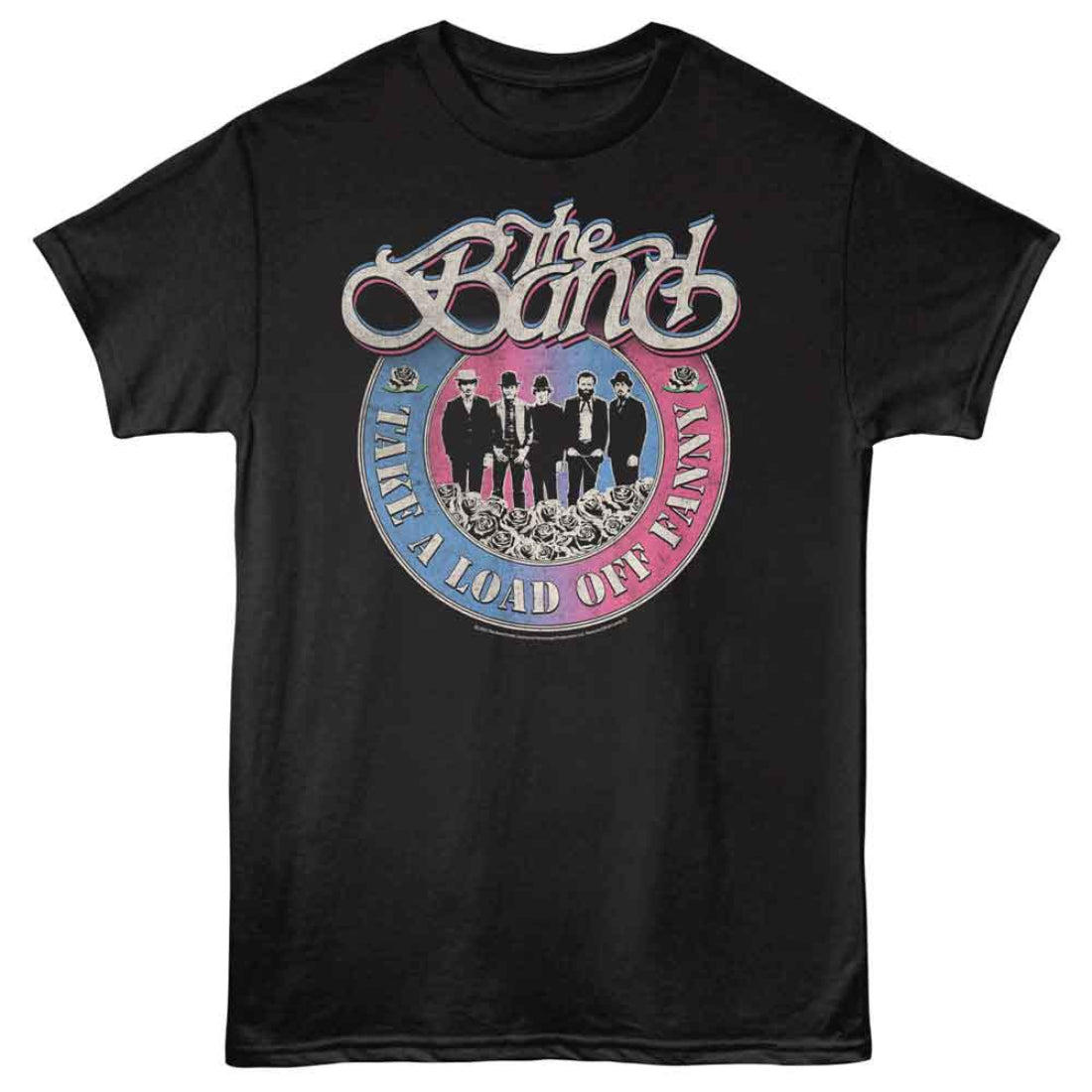 Black t-shirt with 'The Band' graphic design featuring a band lineup and text on a white background.