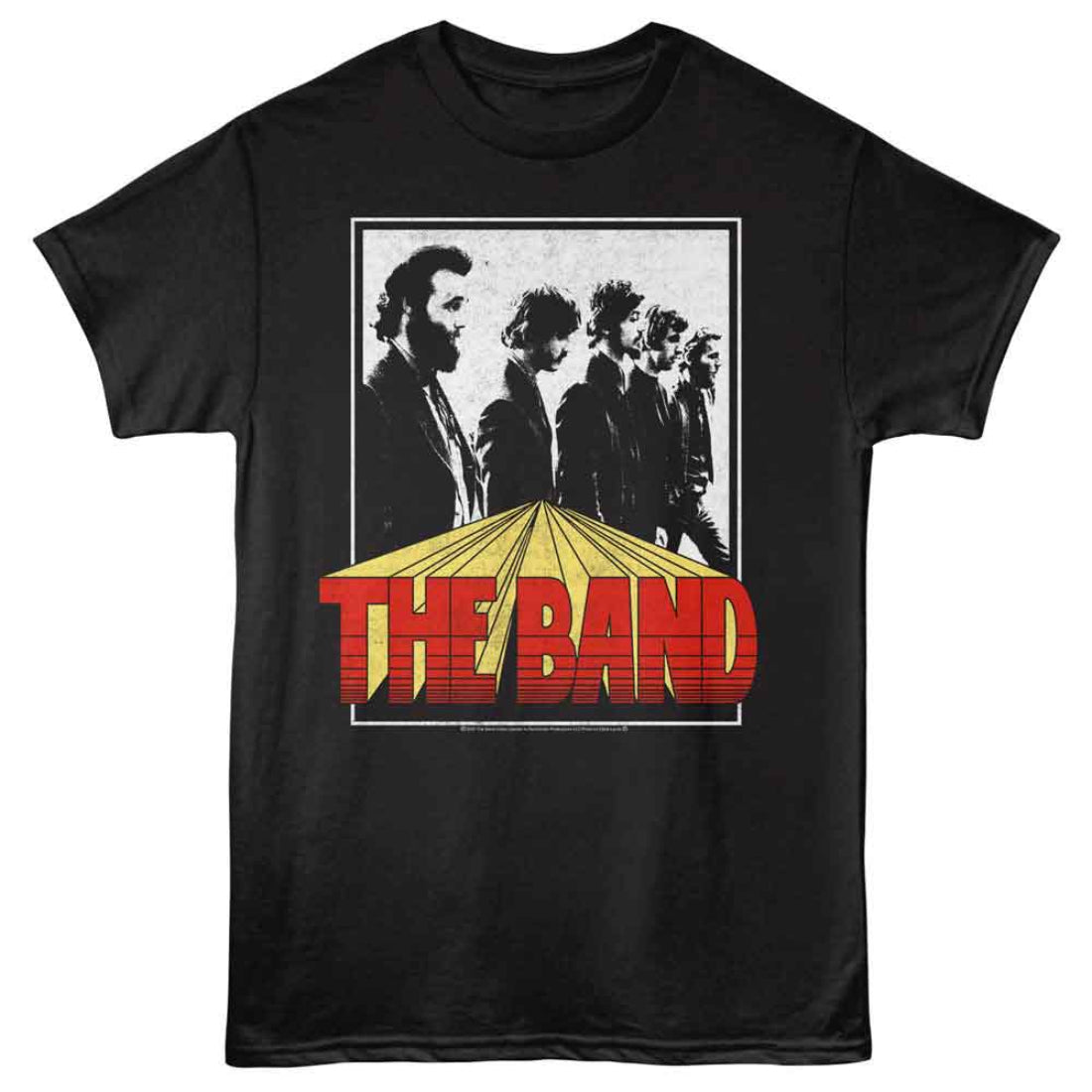 Black t-shirt with 'The Band' graphic design featuring a group of people and a yellow umbrella.
