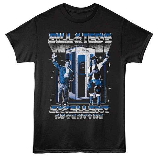 Black t-shirt with 'Bill & Ted's Excellent Adventure' graphic design featuring two characters and a phone booth.
