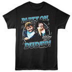Black t-shirt with 'Bill & Ted's Excellent Adventure' graphic and text on a white background