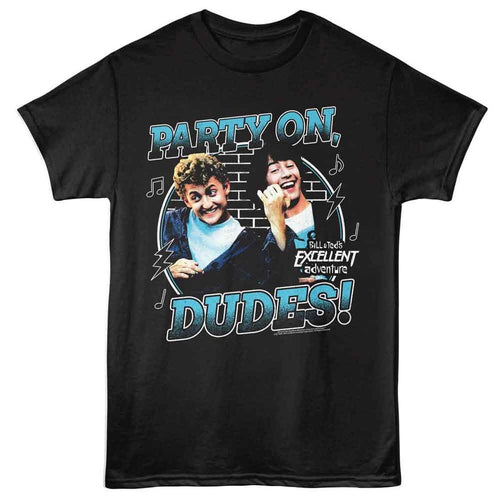 Black t-shirt with 'Bill & Ted's Excellent Adventure' graphic and text on a white background