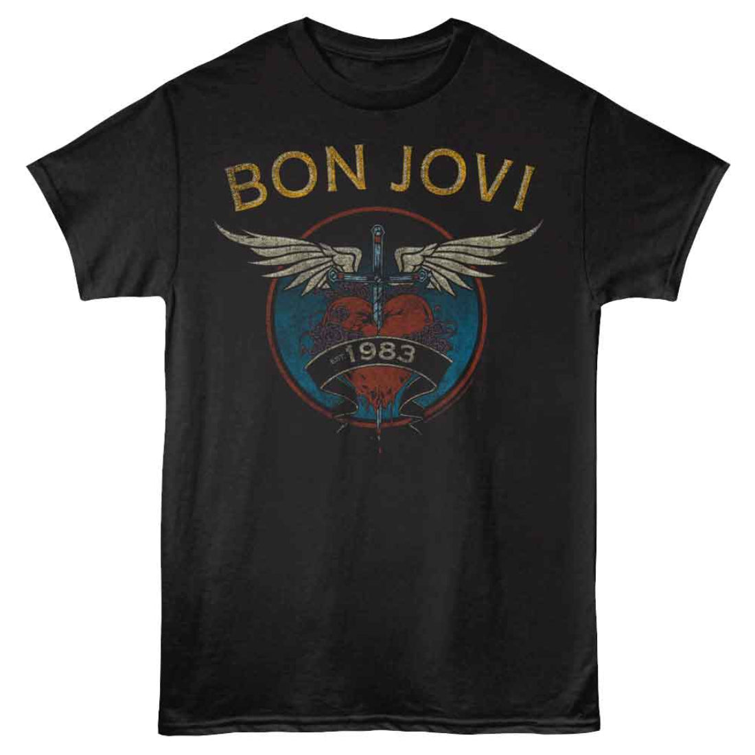 Black t-shirt with Bon Jovi logo featuring a heart and wings on a white background