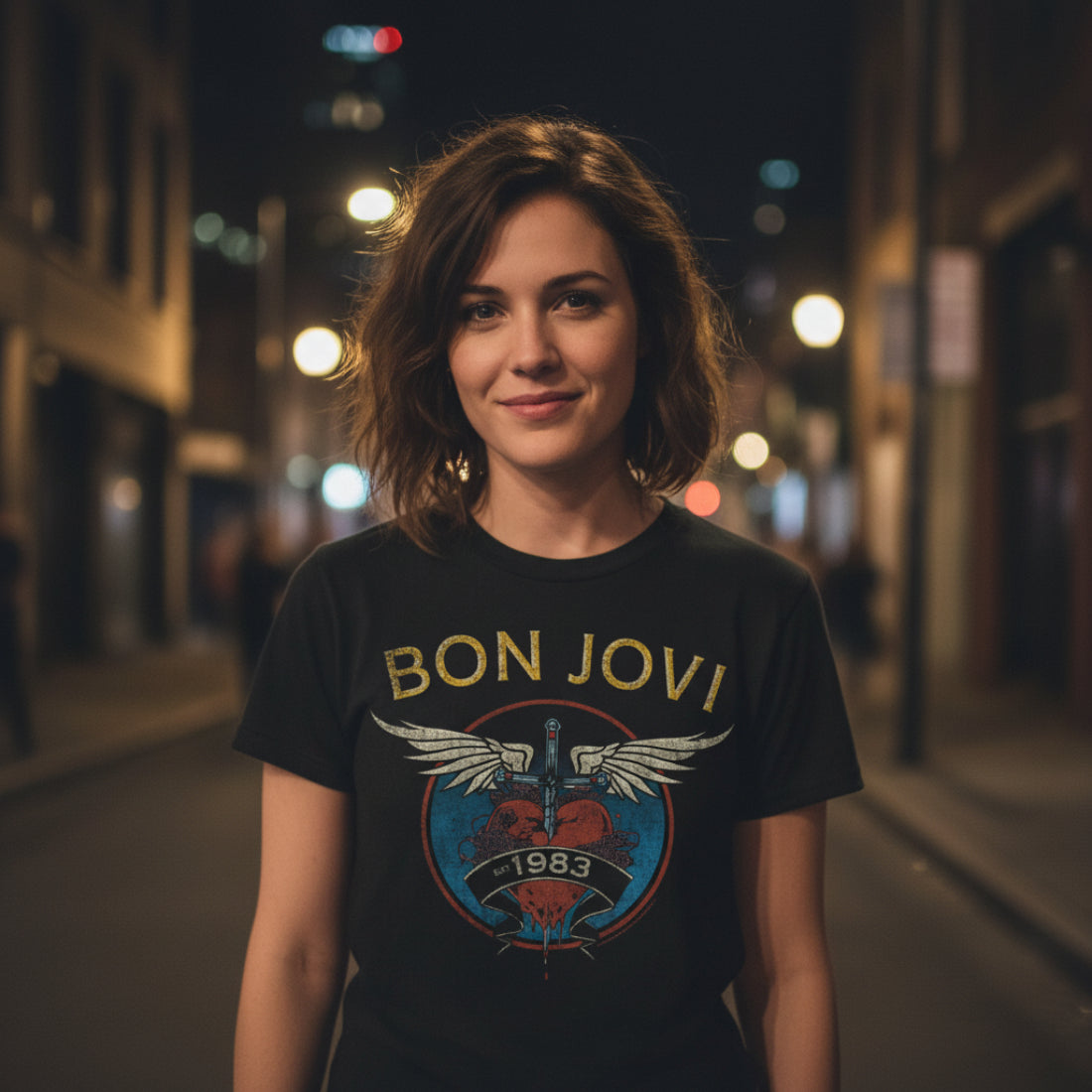 woman wearing Black t-shirt with Bon Jovi logo featuring wings and '1983' BON564S, BON564M, BON564L, BON564XL, BON564XXL, BON564XXXL, BON564XXXXL, BON564XXXXXL