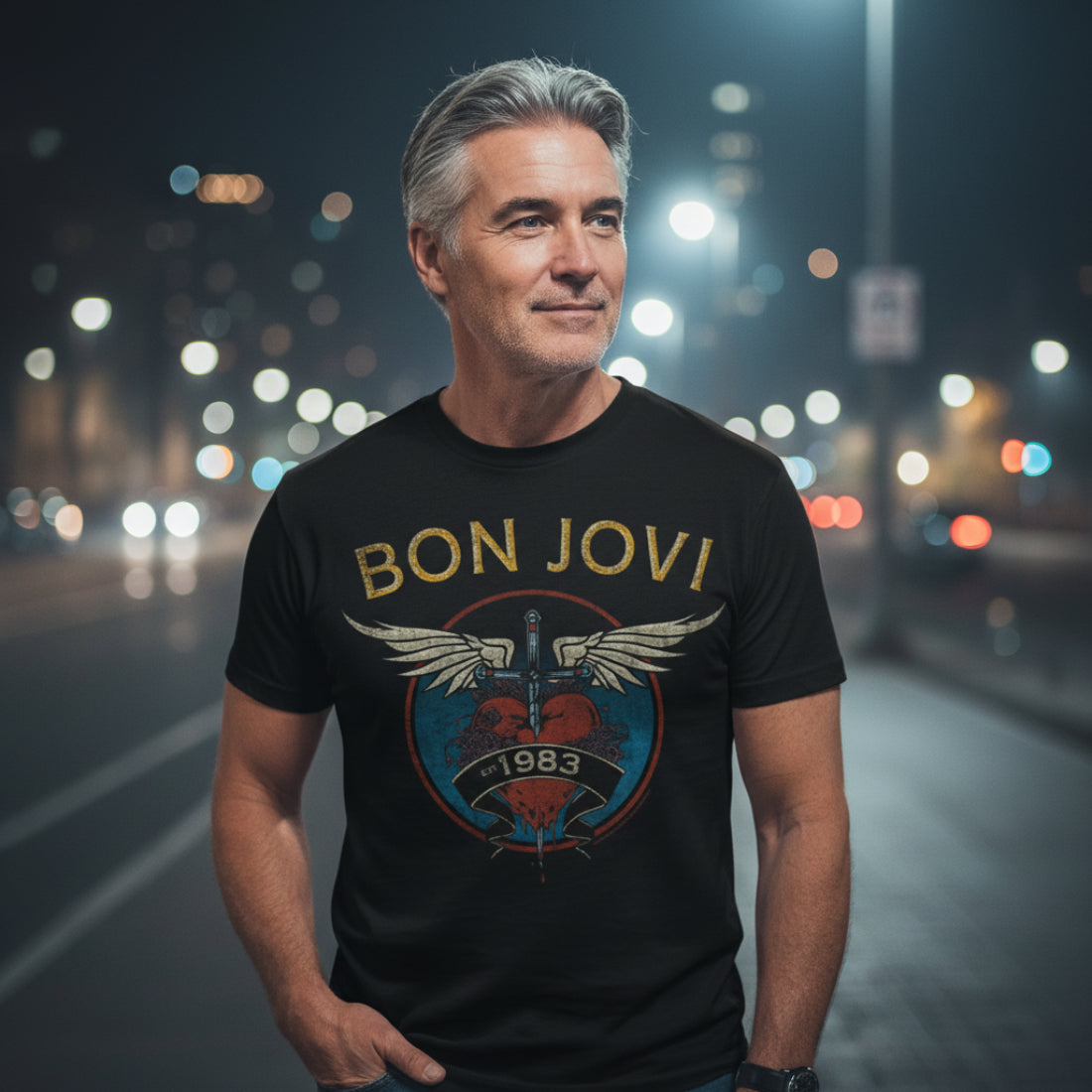 man wearing Black t-shirt with Bon Jovi logo featuring wings and '1983' BON564S, BON564M, BON564L, BON564XL, BON564XXL, BON564XXXL, BON564XXXXL, BON564XXXXXL