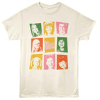 Beige t-shirt with colorful graphic of faces and 'The Brady Bunch' text on a white background