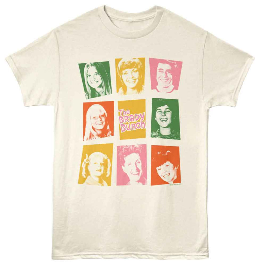 Beige t-shirt with colorful graphic of faces and 'The Brady Bunch' text on a white background