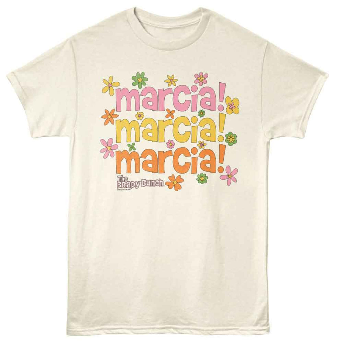 Beige Brady Bunch t-shirt with 'marcia! marcia! marcia!' text and floral designs on a white background