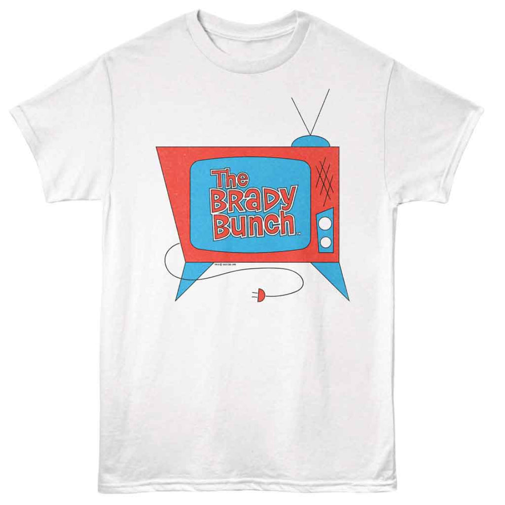 White t-shirt with 'The Brady Bunch' graphic design on a white background