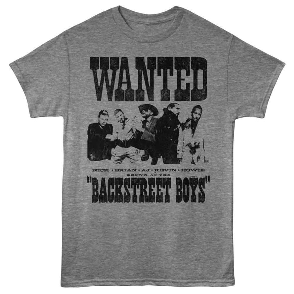 Gray t-shirt with 'Wanted' design featuring Backstreet Boys on a white background