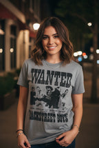 GIRL WEARING Gray t-shirt with 'Wanted' design featuring Backstreet Boys BSB512S, BSB512M, BSB512L, BSB512XL, BSB512XXL, BSB512XXXL, BSB512XXXXL, BSB512XXXXXL