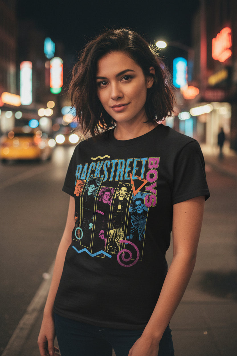 woman wearing backstreet boys tee BSB514S, BSB514M, BSB514L, BSB514XL, BSB514XXL, BSB514XXXL, BSB514XXXXL, BSB514XXXXXL