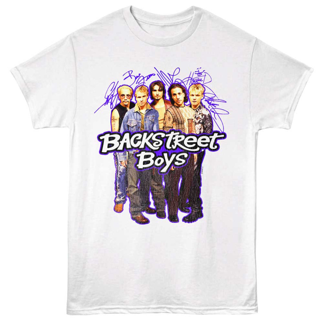 White t-shirt with Backstreet Boys graphic and autographs on a white background