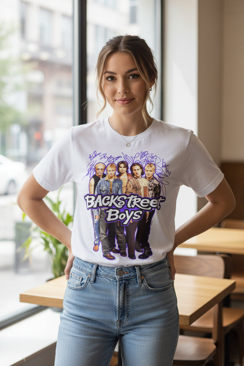 WOMAN WEARING White t-shirt with Backstreet Boys graphic and autographs BSB520S, BSB520M, BSB520L, BSB520XL, BSB520XXL, BSB520XXXL, BSB520XXXXL, BSB520XXXXXL