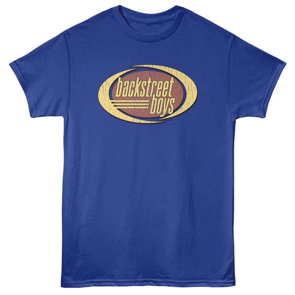 Blue t-shirt with 'backstreet boys' logo on a white background