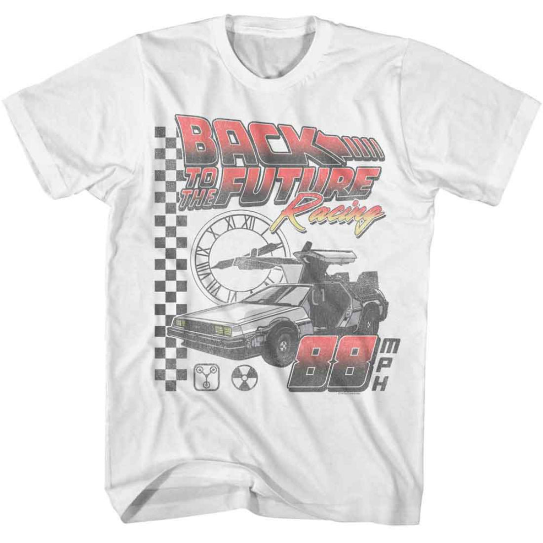 White t-shirt with 'Back to the Future' racing design featuring a car and text on a white background.