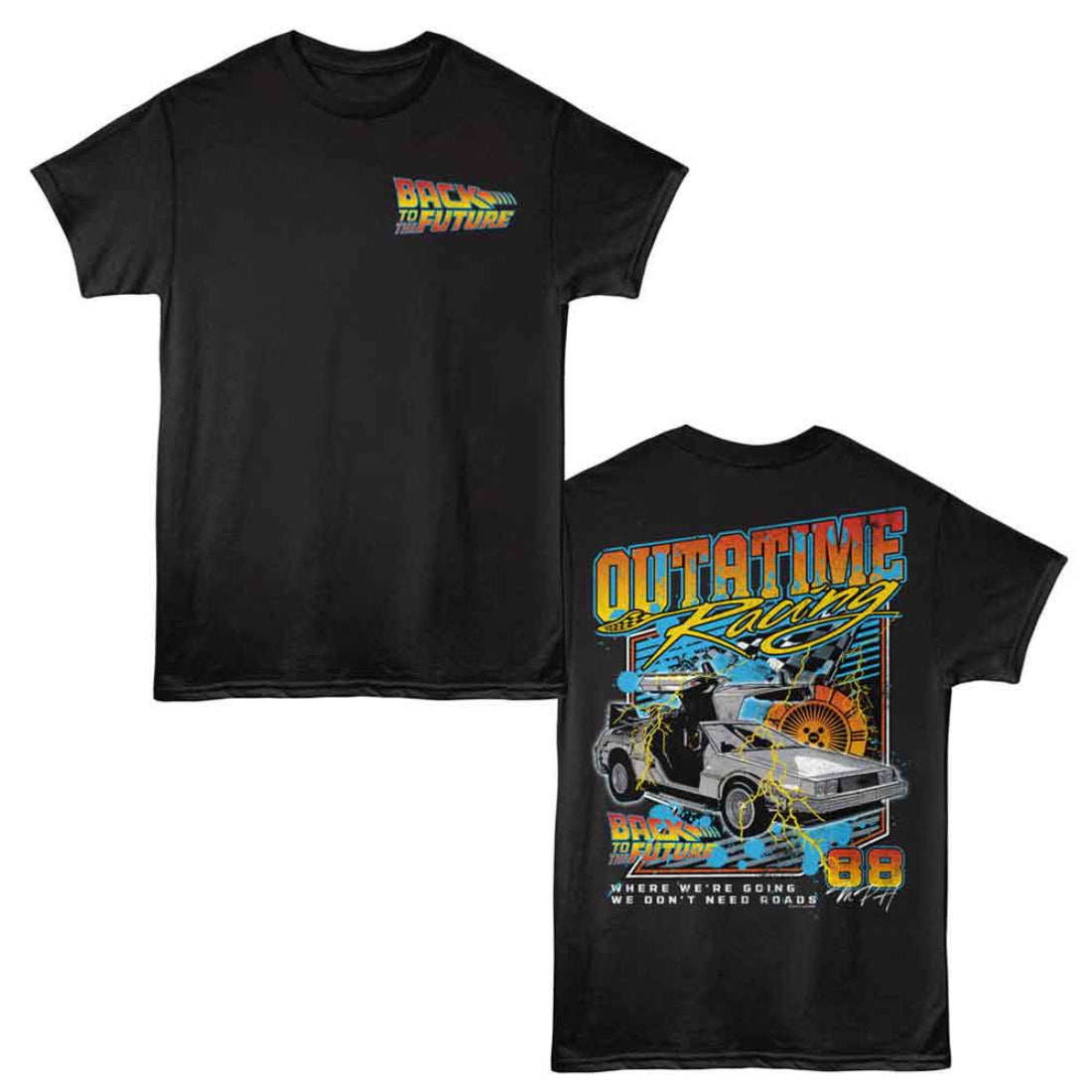 Black t-shirt with 'Back to the Future' graphic design on front and back