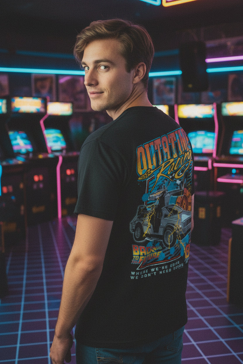 MAN WEARING Black t-shirt with 'Back to the Future' design on front and back BTF5460S, BTF5460M, BTF5460L, BTF5460XL, BTF5460XXL, BTF5460XXXL, BTF5460XXXXL, BTF5460XXXXXL