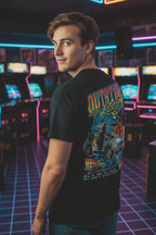 MAN WEARING Black t-shirt with 'Back to the Future' design on front and back BTF5460S, BTF5460M, BTF5460L, BTF5460XL, BTF5460XXL, BTF5460XXXL, BTF5460XXXXL, BTF5460XXXXXL