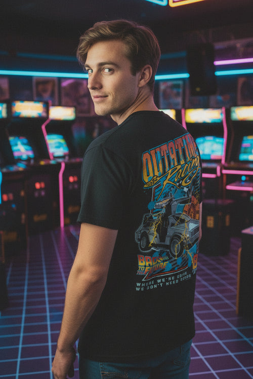 MAN WEARING Black t-shirt with 'Back to the Future' design on front and back BTF5460S, BTF5460M, BTF5460L, BTF5460XL, BTF5460XXL, BTF5460XXXL, BTF5460XXXXL, BTF5460XXXXXL