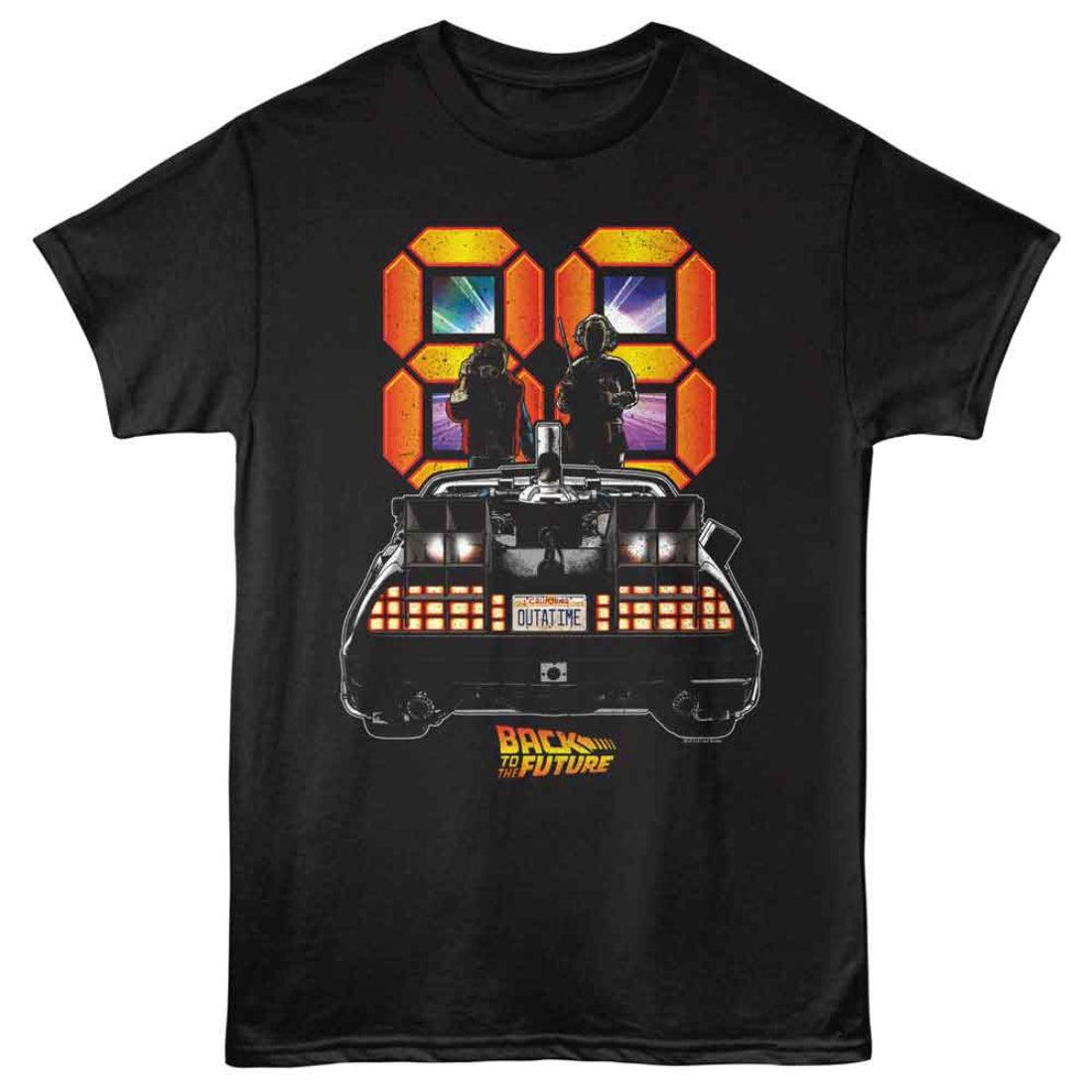 Black t-shirt with 'Back to the Future' design featuring a car and two figures, with the number '88' in the background.