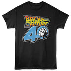 Black t-shirt with 'Back to the Future 40' graphic design on a white background