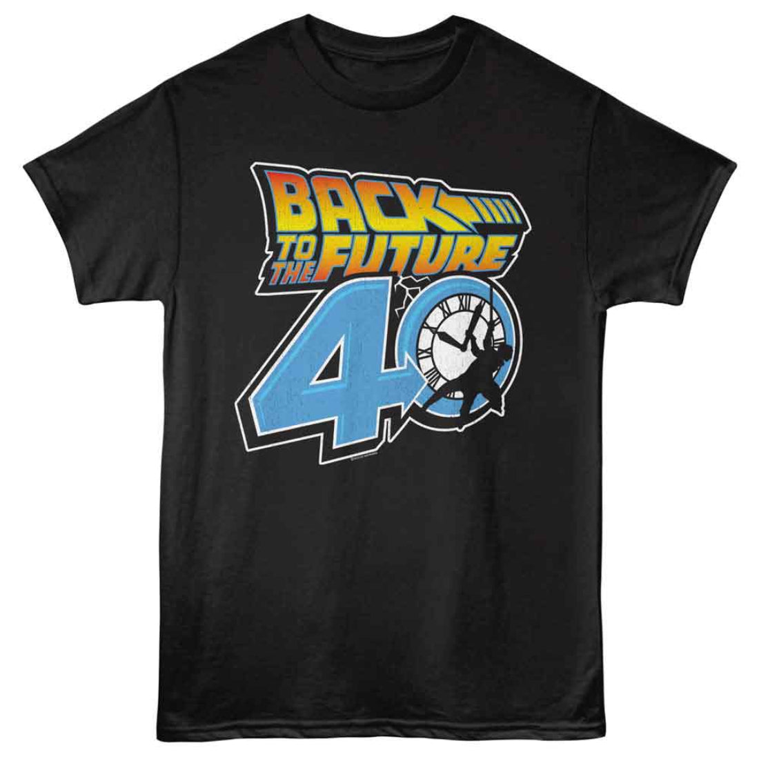 Black t-shirt with 'Back to the Future 40' graphic design on a white background