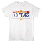 White Back to the Future t-shirt with '40 Years' design on a white background