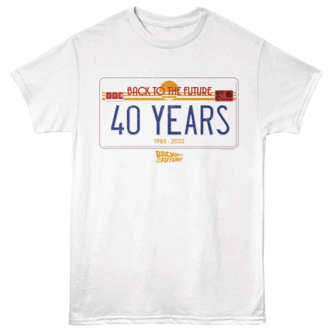 White Back to the Future t-shirt with '40 Years' design on a white background